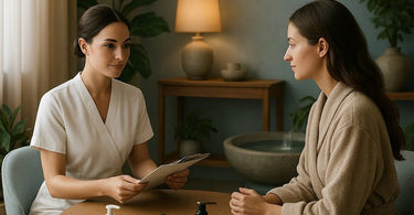 A spa professional conducts a warm, focused consultation with a client in a serene treatment room, discussing goals and examining skin.