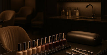 A top-down view of a spa manicure in progress, showing a nail technician's hands performing a secret combination treatment on a client.