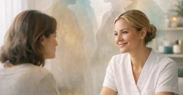 A spa professional warmly consulting with a client over an intake form, representing a trusting and safe client consultation.