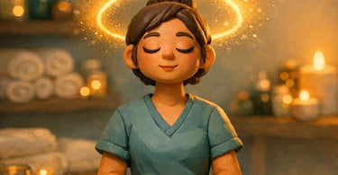 A serene spa professional in a treatment room taking a mindful moment for themselves, symbolizing energetic hygiene and boundary setting