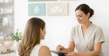 A beautifully designed spa service menu book with elegant typography, open on a luxurious towel next to a vase of fresh flowers and skincare products.