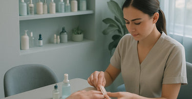 Well-groomed male hands receiving professional manicure service at modern nail salon