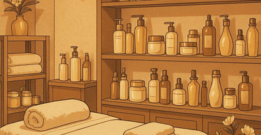 Essential spa and salon retail products displayed beautifully in a treatment room setting