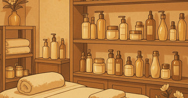 Essential spa and salon retail products displayed beautifully in a treatment room setting