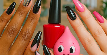 Stylish coffin-shaped nails with glossy black polish and rhinestone accents
