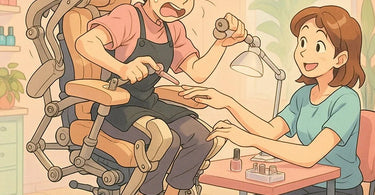 Nail technician demonstrating proper ergonomic posture while working at a modern manicure station