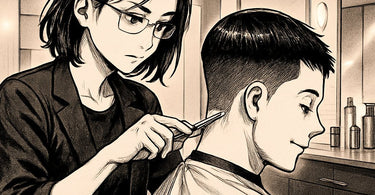 A close-up view of a stylist using clippers to create a precise and clean hairline at the nape of a client's neck in a professional salon setting.