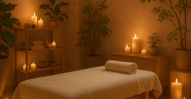 A serene massage therapy room with a quiet, peaceful ambiance, highlighting the option for a no-music massage experience.