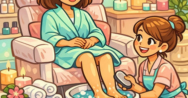 A woman enjoying a relaxed pedicure, her phone tucked away in a decorative basket beside her, as a technician provides a mindful foot massage.