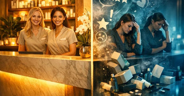A spa owner smiling while looking at a tablet showing positive online reviews, with a relaxed client in the background.