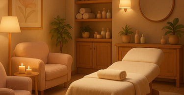 Spa therapist adjusting room thermostat while client enjoys warm towel treatment