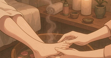 A serene spa scene showing a client relaxing in a pedicure chair with eyes closed, while a technician provides a gentle foot massage, embodying the peaceful Pedicure Meditation experience.