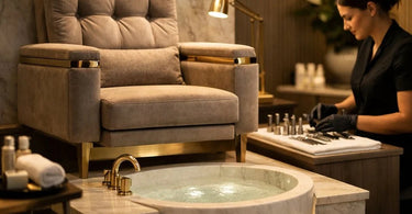 A luxurious modern pedicure chair in a serene spa setting, showcasing plush upholstery, a built-in foot spa basin, and elegant salon decor.