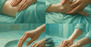 A spa professional's hands demonstrating varying angles and pressure during a massage or skincare treatment on a client's back