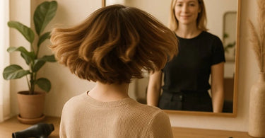 A client happily shaking out their freshly cut hair in a modern salon setting