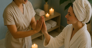 Professional spa therapist greeting client with contact-free welcome gesture in modern spa setting