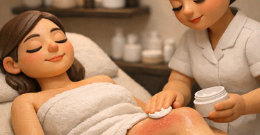 A smiling, relaxed woman gently touching her smooth, glowing skin after a professional waxing treatment, embodying the post-wax high feeling