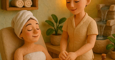A serene spa therapist speaking softly to a relaxed client during a facial treatment