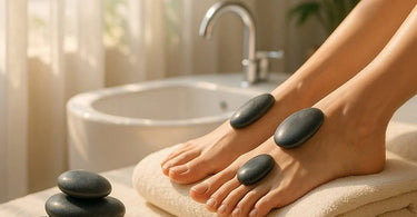 Cold stone massage during a summer pedicure showing chilled basalt stones being used on feet