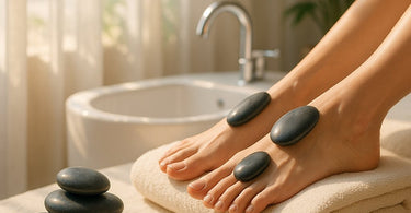 Cold stone massage during a summer pedicure showing chilled basalt stones being used on feet