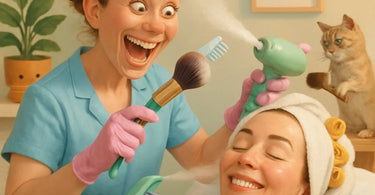 Aesthetician performing a precise brow touch-up on a satisfied client in a modern spa setting