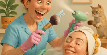 Aesthetician performing a precise brow touch-up on a satisfied client in a modern spa setting