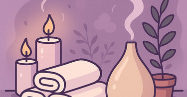 A serene spa treatment room with diffuser emitting a gentle lavender scent, featuring soft towels, candles, and wellness products.