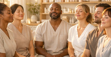 A spa professional taking a deep, calming breath while holding essential oils, representing focus before a complex beauty service correction