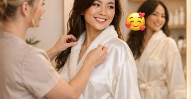 A spa professional smiling warmly as a client looks joyfully at her own reflection in a hand mirror after a treatment