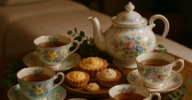 An artfully arranged mismatched china set for tea service in a serene spa setting