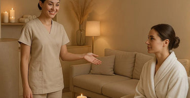 Spa professional discussing appointment policy with client in a warm, professional setting