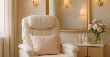 A nail technician holding a mirror under a client's foot to show the results of a beautiful pedicure in a spa setting