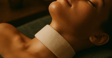 A spa professional carefully placing a warm, steamed neck strip on a relaxed client during a facial treatment.