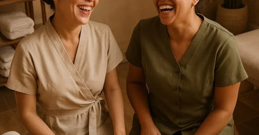 A hairstylist and client sharing a joyful laugh together in a modern, bright salon, reflecting genuine connection and happiness.