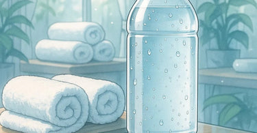 A spa professional gracefully handing a cold bottle of water to a relaxed, smiling client after a treatment, symbolizing thoughtful aftercare and excellent service.