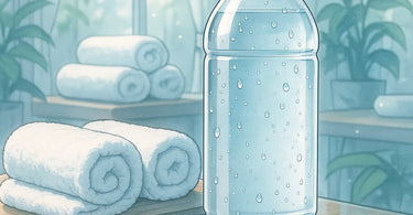 A spa professional gracefully handing a cold bottle of water to a relaxed, smiling client after a treatment, symbolizing thoughtful aftercare and excellent service.