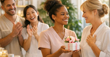 A spa professional hands a beautifully wrapped gift with a thank you card to a smiling client in a serene salon setting.