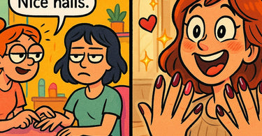 A spa professional giving a specific compliment to a client about her nail shape during a manicure service