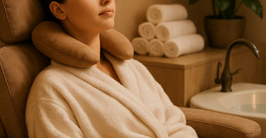 A client blissfully relaxing in a pedicure chair with a warm neck pillow, showcasing ultimate spa comfort and relaxation.