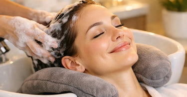 A client relaxing in a salon shampoo bowl with a warm, comfortable neck pillow, experiencing ultimate comfort during a hair wash.
