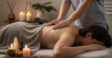 A serene spa setting with a massage therapist's hands gently massaging a client's back, symbolizing emotional well-being through healing touch.