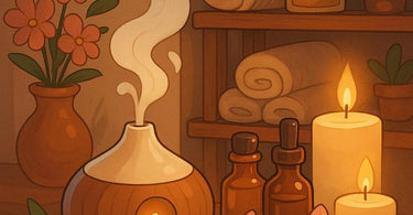 Spa aromatherapy essentials including diffusers, essential oils, and scented candles arranged on a wooden tray