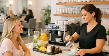A stylish and well-stocked salon beverage bar featuring a coffee machine, glass water carafes with fruit, and ceramic mugs, set against a modern backdrop.