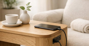 A modern, stylish salon waiting area featuring a comfortable armchair with a built-in USB charging port and electrical outlet, highlighting the practical integration of technology into luxury furniture.