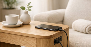 A modern, stylish salon waiting area featuring a comfortable armchair with a built-in USB charging port and electrical outlet, highlighting the practical integration of technology into luxury furniture.