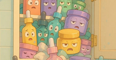 Skincare graveyard showing half-used serums and products abandoned in bathroom cabinet