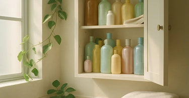 Cabinet full of half-used shampoo bottles and hair care products representing the product graveyard phenomenon