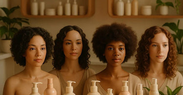 Professional hairstylist consulting with a client, showing two different hair products against a background of various salon shampoos, creams, and sprays.