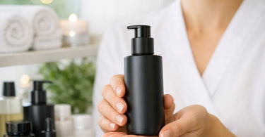 A collection of sleek matte black bottles and jars for spa and salon products, arranged elegantly on a marble surface