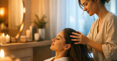 A collage of four salon professionals working under different lighting conditions, including a wax specialist, a lash artist, a nail technician, and a massage therapist, showcasing the importance of proper color temperature in a spa setting.